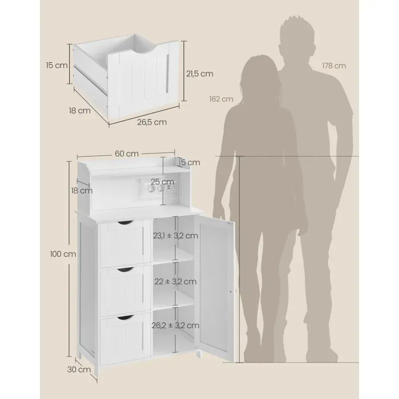 Casa si Gradina - Mobilier - Mobilier baie - Corpuri baie - Dulap de baie cu sertare si usa, priza integrata cu USB, rafturi reglabile, MDF, 30x60x100 cm, alb - Infinity.ro