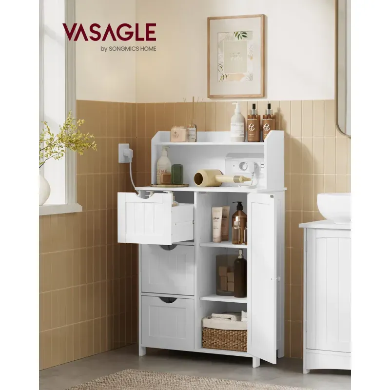 Casa si Gradina - Mobilier - Mobilier baie - Corpuri baie - Dulap de baie cu sertare si usa, priza integrata cu USB, rafturi reglabile, MDF, 30x60x100 cm, alb - Infinity.ro