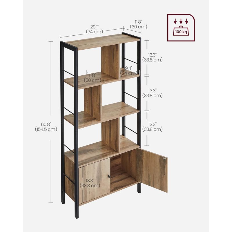 Casa si Gradina - Mobilier - Biblioteci si rafturi - Biblioteci - Biblioteca cu 4 rafturi si dulap inferior cu 2 usi, stil industrial, 74x30x155cm, stejar - Infinity.ro
