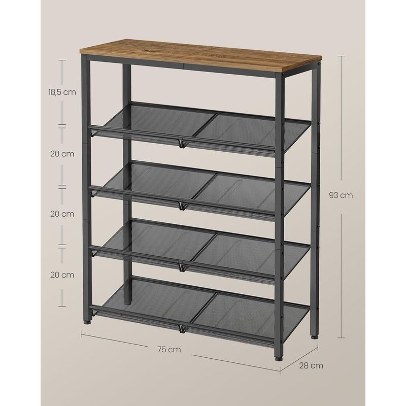 Casa si Gradina - Mobilier - Dulapuri si sifoniere - Dulapuri pantofi - Raft de pantofi, 5 nivele reglabile din plasa, pentru 12-16 perechi, 75x28x93 cm, maro rustic - Infinity.ro