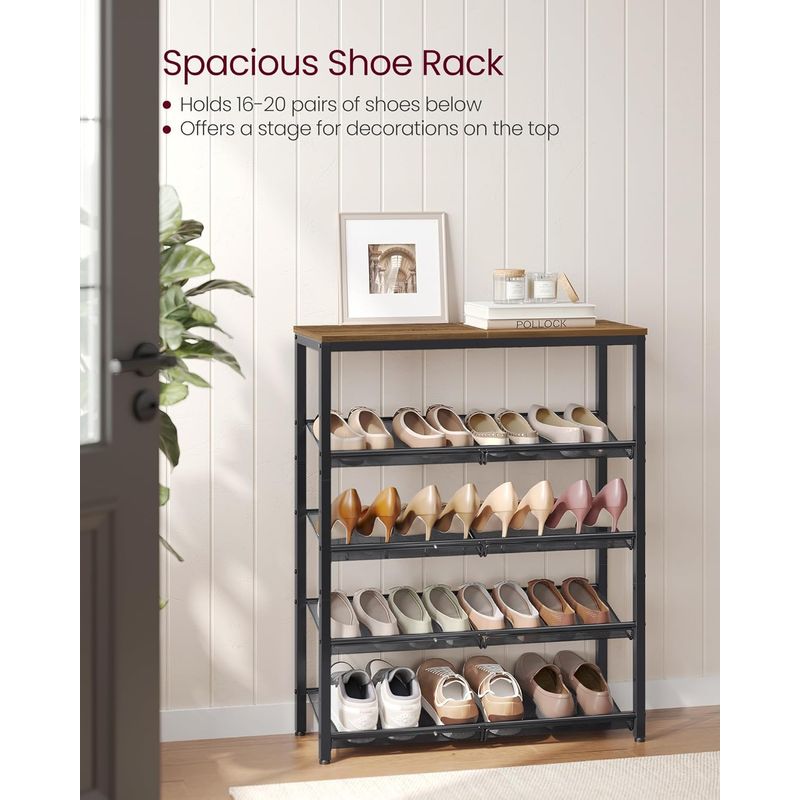 Casa si Gradina - Mobilier - Dulapuri si sifoniere - Dulapuri pantofi - Raft de pantofi, 5 nivele reglabile din plasa, pentru 12-16 perechi, 75x28x93 cm, maro rustic - Infinity.ro