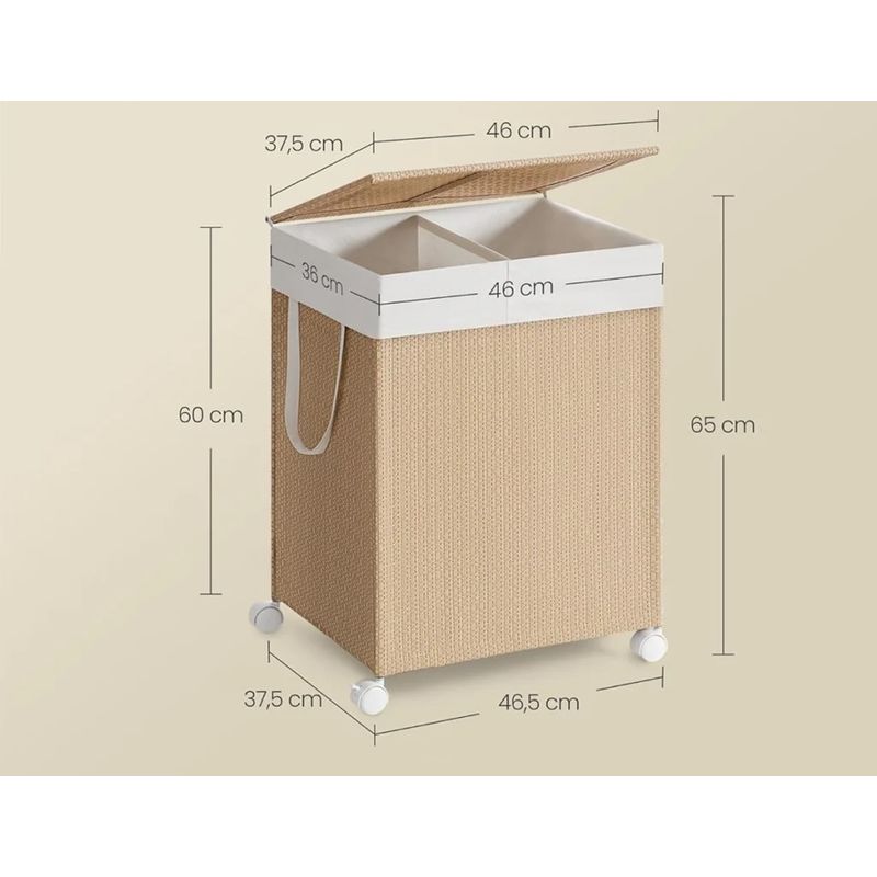 Market - Spalare si intretinere rufe - Uscatoare de rufe si accesorii - Cos rufe din tesatura tip ratan, 100L cu 2 compartimente si roti, 47x38x65 cm, bej natur - Infinity.ro