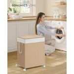 Market - Spalare si intretinere rufe - Uscatoare de rufe si accesorii - Cos rufe din tesatura tip ratan, 100L cu 2 compartimente si roti, 47x38x65 cm, bej natur - Infinity.ro