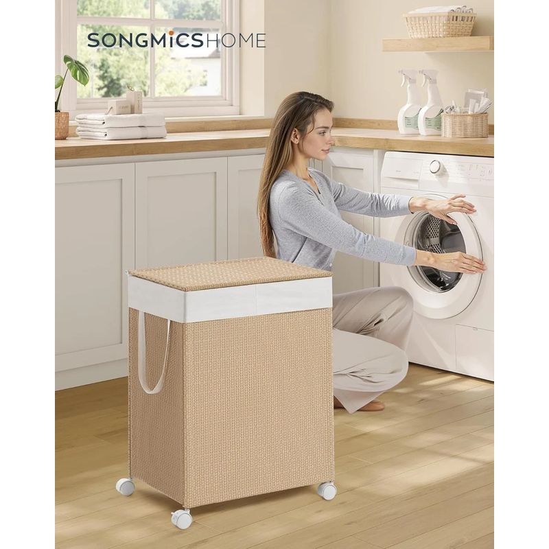 Market - Spalare si intretinere rufe - Uscatoare de rufe si accesorii - Cos rufe din tesatura tip ratan, 100L cu 2 compartimente si roti, 47x38x65 cm, bej natur - Infinity.ro