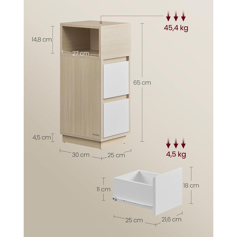 Casa si Gradina - Mobilier - Comode si corpuri - Noptiere - Noptiera ingusta cu 2 sertare, montaj stanga - dreapta, 30x25x65 cm, bej si alb - Infinity.ro