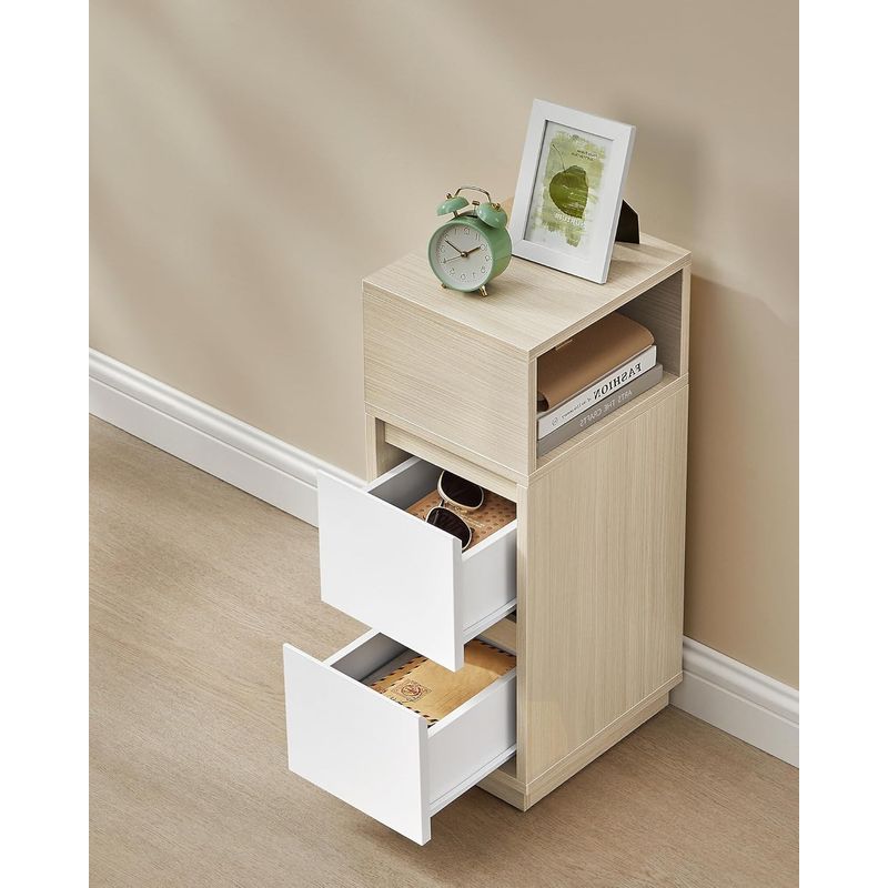 Casa si Gradina - Mobilier - Comode si corpuri - Noptiere - Noptiera ingusta cu 2 sertare, montaj stanga - dreapta, 30x25x65 cm, bej si alb - Infinity.ro