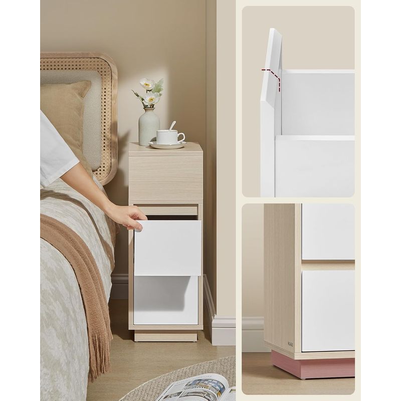 Casa si Gradina - Mobilier - Comode si corpuri - Noptiere - Noptiera ingusta cu 2 sertare, montaj stanga - dreapta, 30x25x65 cm, bej si alb - Infinity.ro