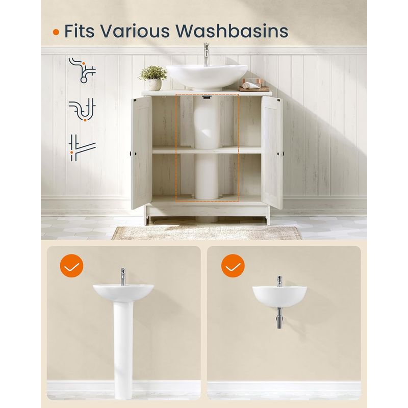 Casa si Gradina - Mobilier - Mobilier baie - Corpuri baie - Masca baie pentru chiuveta, suport lavoar, raft reglabil, stil rustic modern, 60x30x61 cm, alb rustic - Infinity.ro