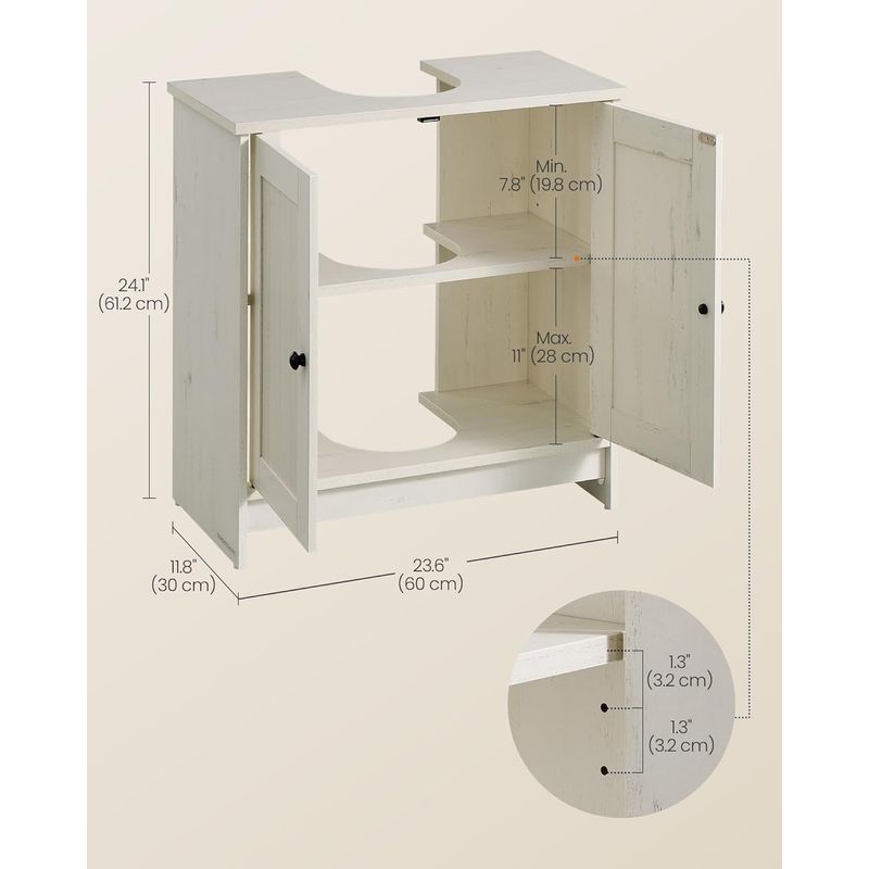 Casa si Gradina - Mobilier - Mobilier baie - Corpuri baie - Masca baie pentru chiuveta, suport lavoar, raft reglabil, stil rustic modern, 60x30x61 cm, alb rustic - Infinity.ro