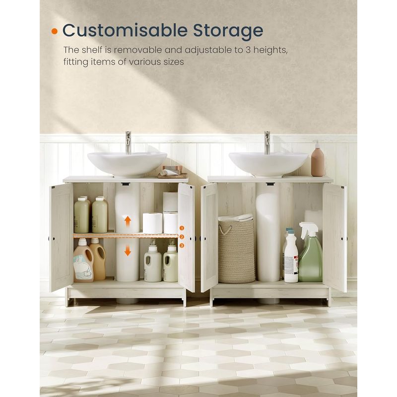 Casa si Gradina - Mobilier - Mobilier baie - Corpuri baie - Masca baie pentru chiuveta, suport lavoar, raft reglabil, stil rustic modern, 60x30x61 cm, alb rustic - Infinity.ro