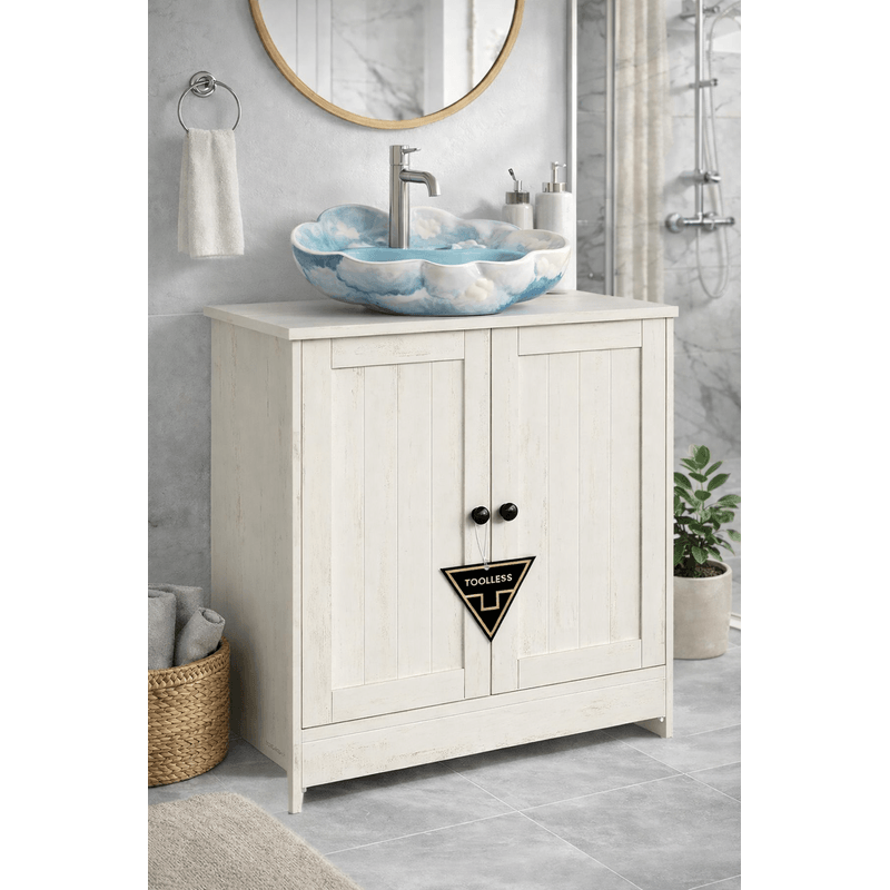 Casa si Gradina - Mobilier - Mobilier baie - Corpuri baie - Masca baie pentru chiuveta, suport lavoar, raft reglabil, stil rustic modern, 60x30x61 cm, alb rustic - Infinity.ro