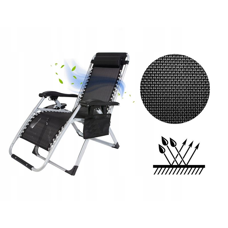 Casa si Gradina - Gradina si terasa - Mobilier exterior - Scaune si sezlonguri gradina - Sezlong pliabil gravitate zero, 175x65 cm, cu masuta si buzunar organizator, 120 kg, negru - Infinity.ro