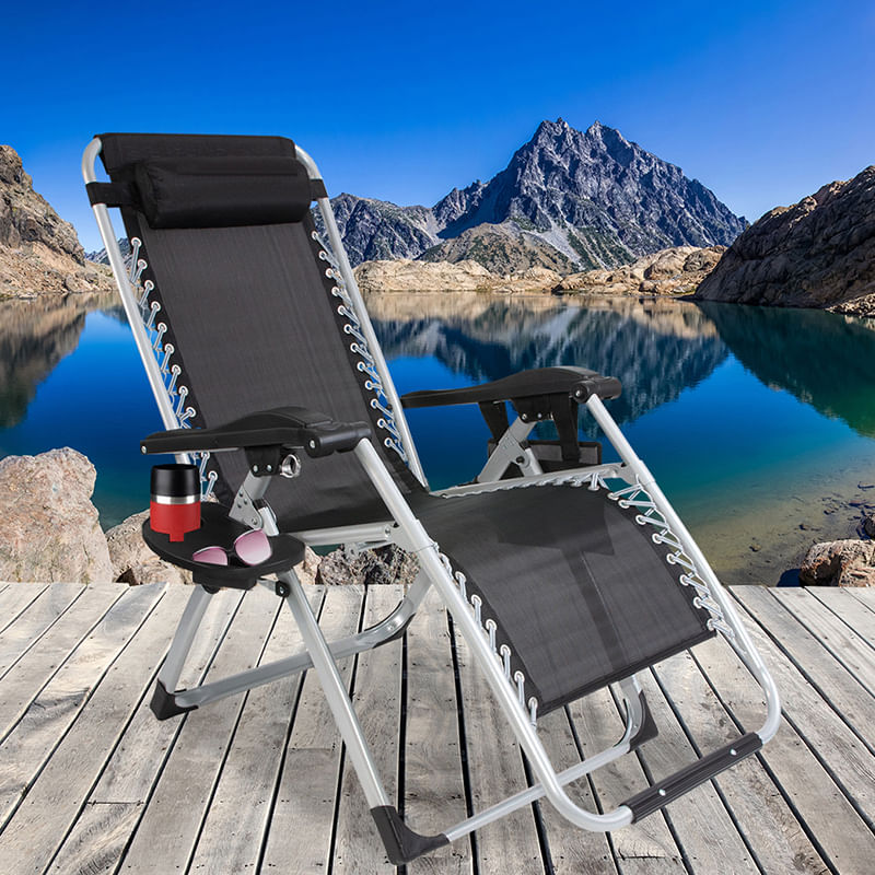 Casa si Gradina - Gradina si terasa - Mobilier exterior - Scaune si sezlonguri gradina - Sezlong pliabil gravitate zero, 175x65 cm, cu masuta si buzunar organizator, 120 kg, negru - Infinity.ro