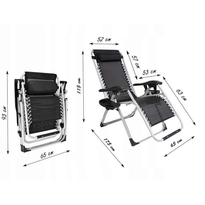 Casa si Gradina - Gradina si terasa - Mobilier exterior - Scaune si sezlonguri gradina - Sezlong pliabil gravitate zero, 175x65 cm, cu masuta si buzunar organizator, 120 kg, negru - Infinity.ro