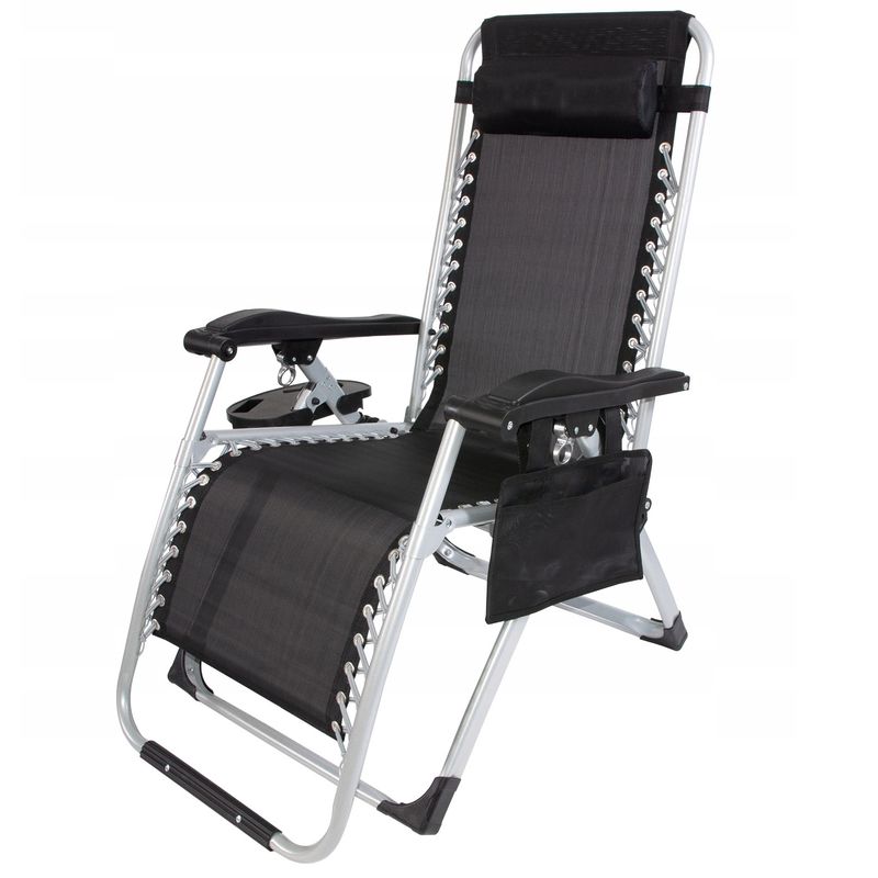 Casa si Gradina - Gradina si terasa - Mobilier exterior - Scaune si sezlonguri gradina - Sezlong pliabil gravitate zero, 175x65 cm, cu masuta si buzunar organizator, 120 kg, negru - Infinity.ro