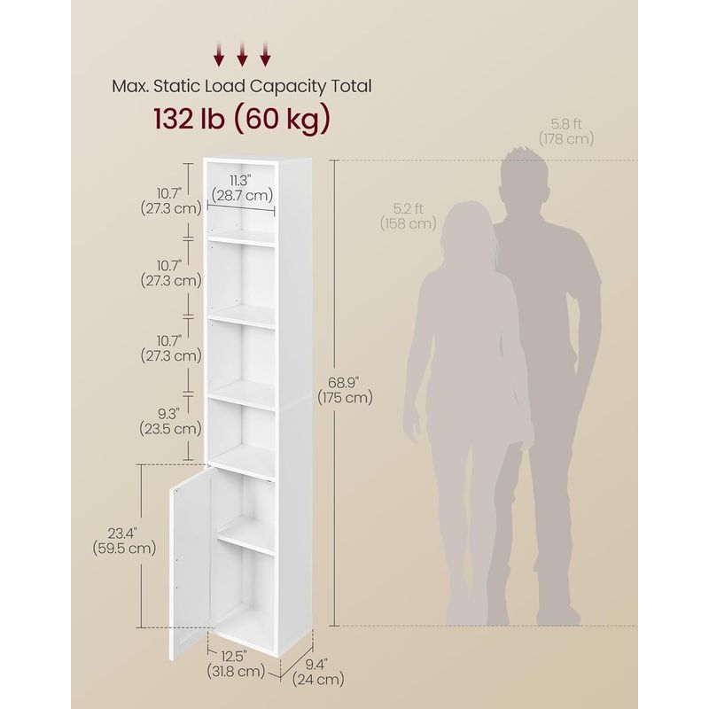 Casa si Gradina - Mobilier - Biblioteci si rafturi - Biblioteci - Biblioteca ingusta cu 6 niveluri si dulap inchis, rafturi reglabile, 24x32x175 cm, alb - Infinity.ro