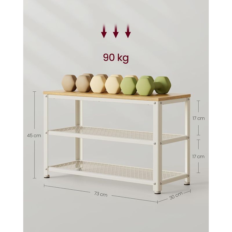 Casa si Gradina - Mobilier - Dulapuri si sifoniere - Dulapuri pantofi - Banca pantofi cu 2 rafturi, cadru metalic si sezut din PAL, stil industrial, 73x30x45 cm, stejar si alb - Infinity.ro