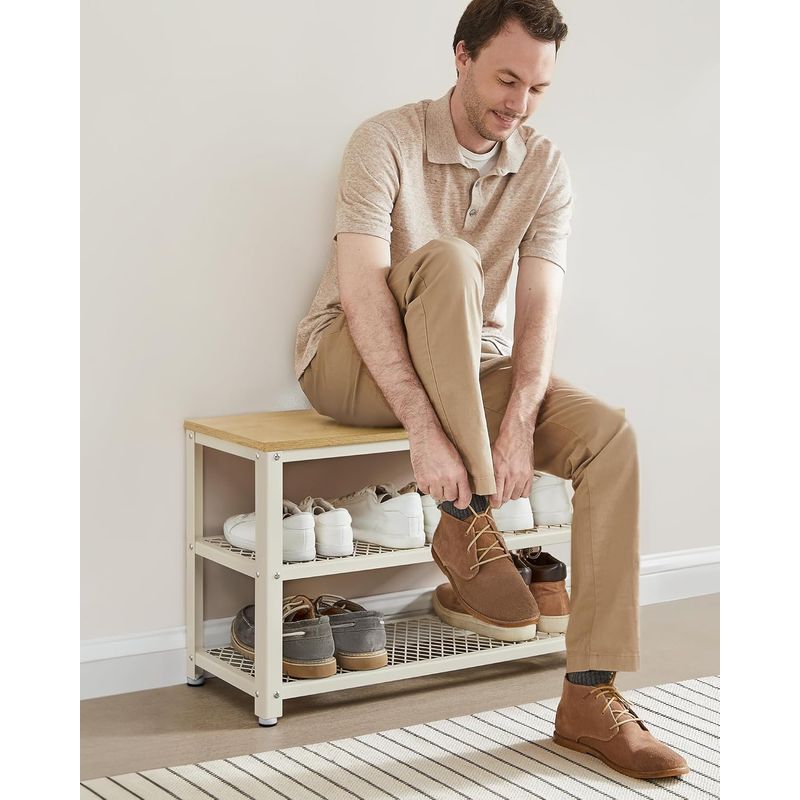 Casa si Gradina - Mobilier - Dulapuri si sifoniere - Dulapuri pantofi - Banca pantofi cu 2 rafturi, cadru metalic si sezut din PAL, stil industrial, 73x30x45 cm, stejar si alb - Infinity.ro