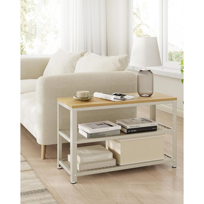 Casa si Gradina - Mobilier - Dulapuri si sifoniere - Dulapuri pantofi - Banca pantofi cu 2 rafturi, cadru metalic si sezut din PAL, stil industrial, 73x30x45 cm, stejar si alb - Infinity.ro