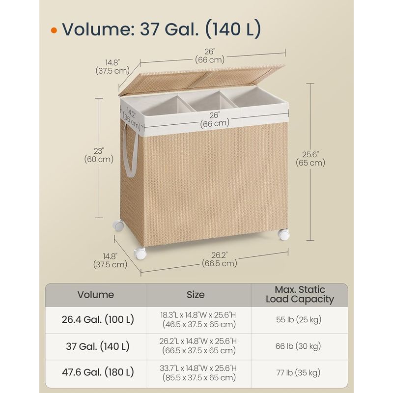 Market - Spalare si intretinere rufe - Uscatoare de rufe si accesorii - Cos rufe din tesatura tip ratan, 140L cu 3 compartimente si roti, 66x38x65 cm, bej natur - Infinity.ro