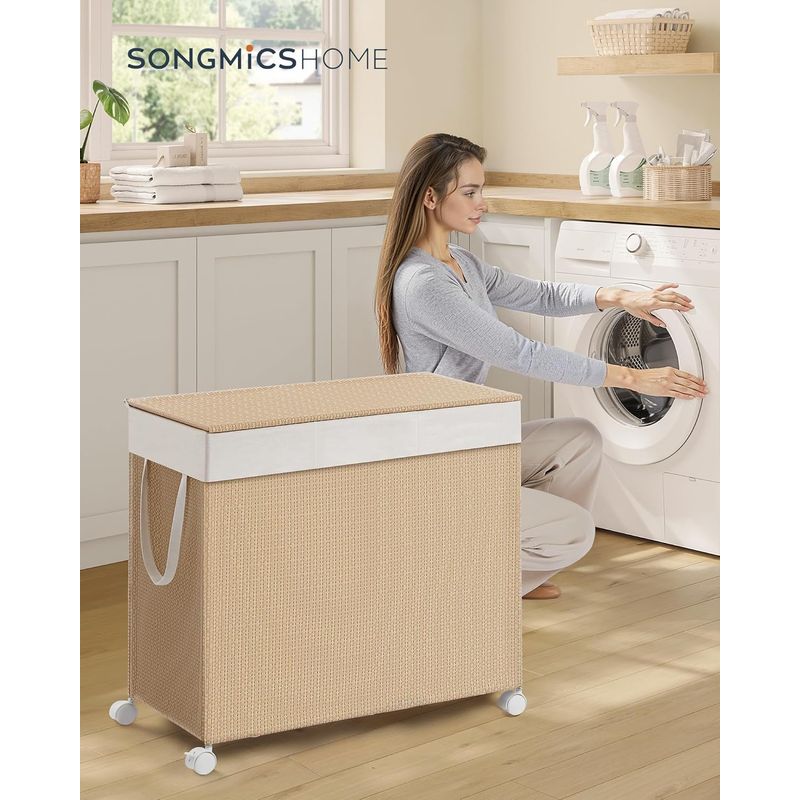 Market - Spalare si intretinere rufe - Uscatoare de rufe si accesorii - Cos rufe din tesatura tip ratan, 140L cu 3 compartimente si roti, 66x38x65 cm, bej natur - Infinity.ro