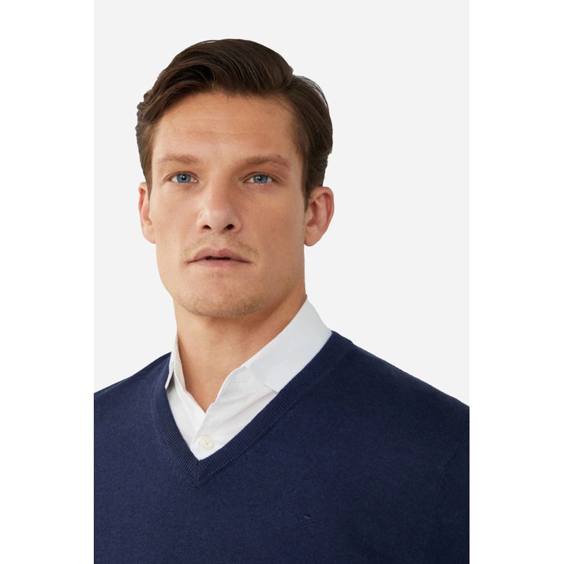 Fashion, accesorii si bijuterii - Barbati - Imbracaminte - Pulovere barbati - Pulover barbati Hackett London din bumbac si matase cu guler in V S INTL Bleumarin - Infinity.ro
