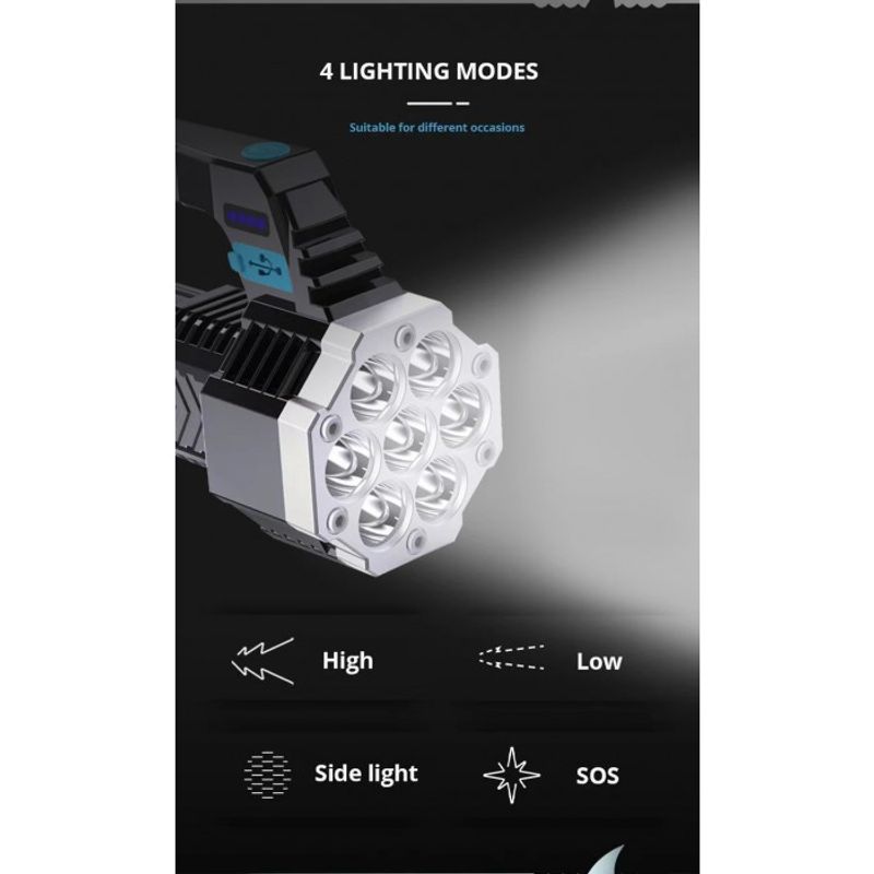 Sport si Outdoor - Camping - Articole solare camping - Lampi si lanterne camping - Lanterna Puternica de Mana, ABS, Lumini laterale COB,7 LED, 2 IN 1, Afisare Procentaj Baterie, lumina alba - Infinity.ro