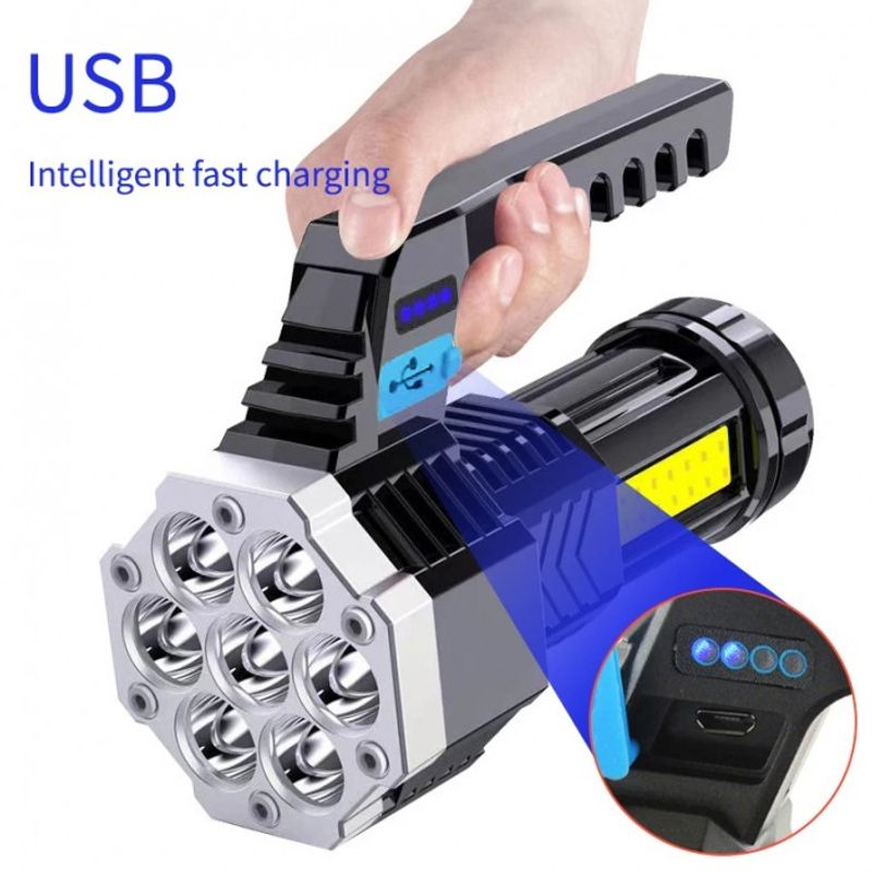 Sport si Outdoor - Camping - Articole solare camping - Lampi si lanterne camping - Lanterna Puternica de Mana, ABS, Lumini laterale COB,7 LED, 2 IN 1, Afisare Procentaj Baterie, lumina alba - Infinity.ro