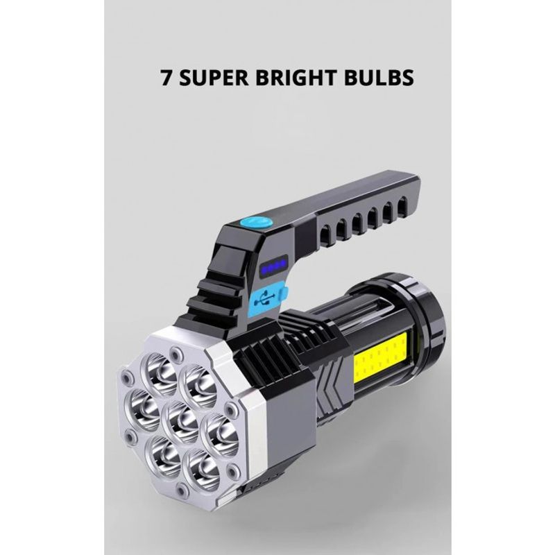 Sport si Outdoor - Camping - Articole solare camping - Lampi si lanterne camping - Lanterna Puternica de Mana, ABS, Lumini laterale COB,7 LED, 2 IN 1, Afisare Procentaj Baterie, lumina alba - Infinity.ro