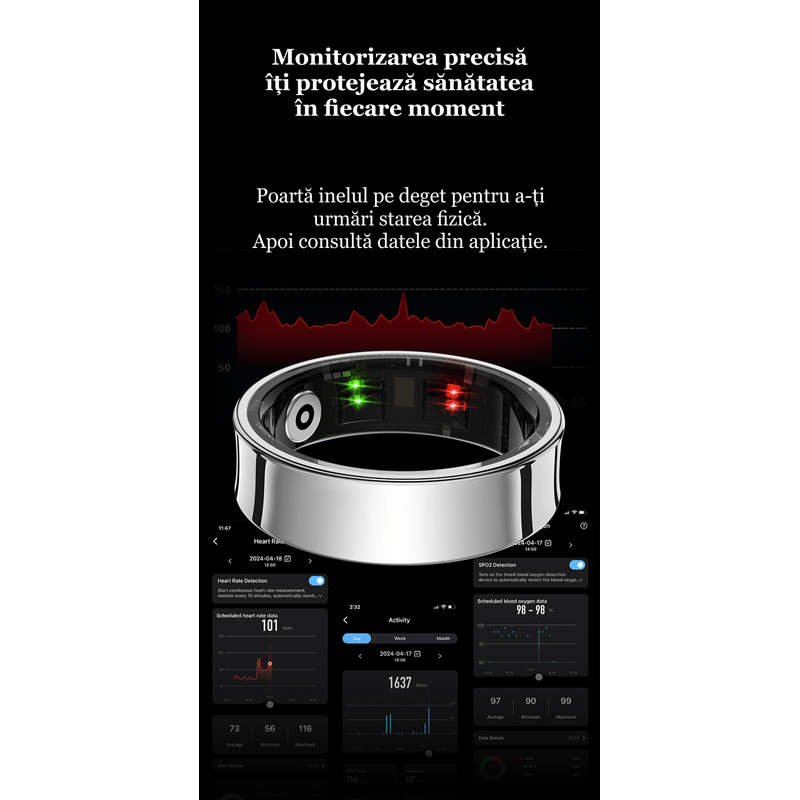 Fashion, accesorii si bijuterii - Barbati - Bijuterii barbati - Inele barbati - Inel Inteligent CalmTotal Mărime 9 – Somn, Stres, Puls, Oxigen, HRV – Variabilitate Ritm Cardiac, pași, calorii, negru - Infinity.ro