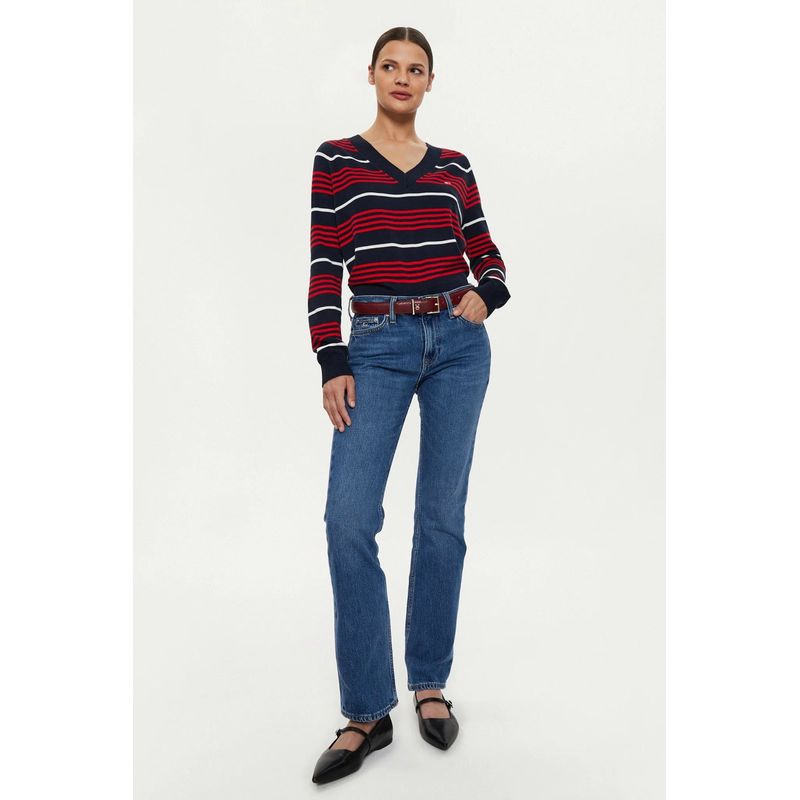 Fashion, accesorii si bijuterii - Femei - Imbracaminte femei - Pulovere femei - Pulover dama Tommy Jeans V-neck and stripes DW0DW18652 M INTL Rosu - Infinity.ro