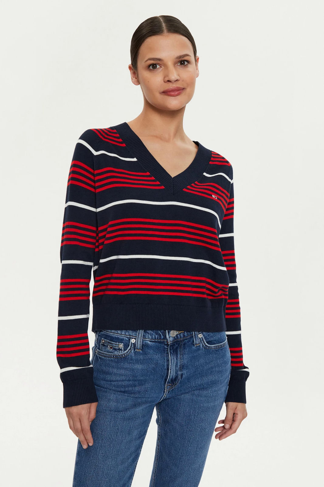 Pulover dama Tommy Jeans V-neck and stripes DW0DW18652