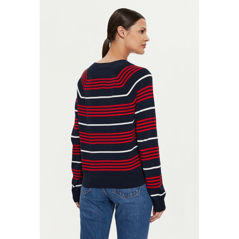 Fashion, accesorii si bijuterii - Femei - Imbracaminte femei - Pulovere femei - Pulover dama Tommy Jeans V-neck and stripes DW0DW18652 M INTL Rosu - Infinity.ro