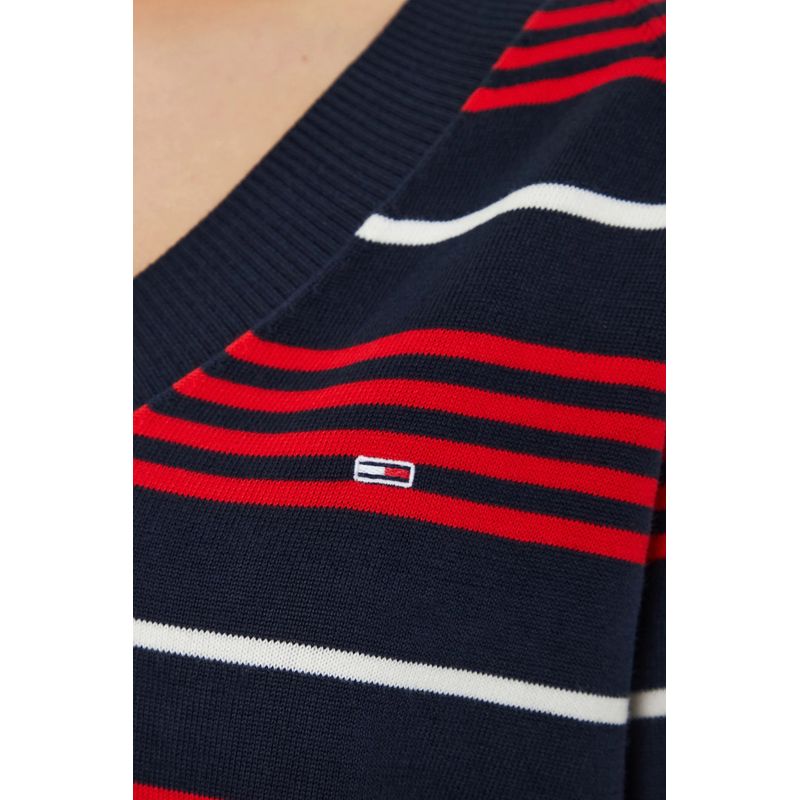 Fashion, accesorii si bijuterii - Femei - Imbracaminte femei - Pulovere femei - Pulover dama Tommy Jeans V-neck and stripes DW0DW18652 M INTL Rosu - Infinity.ro