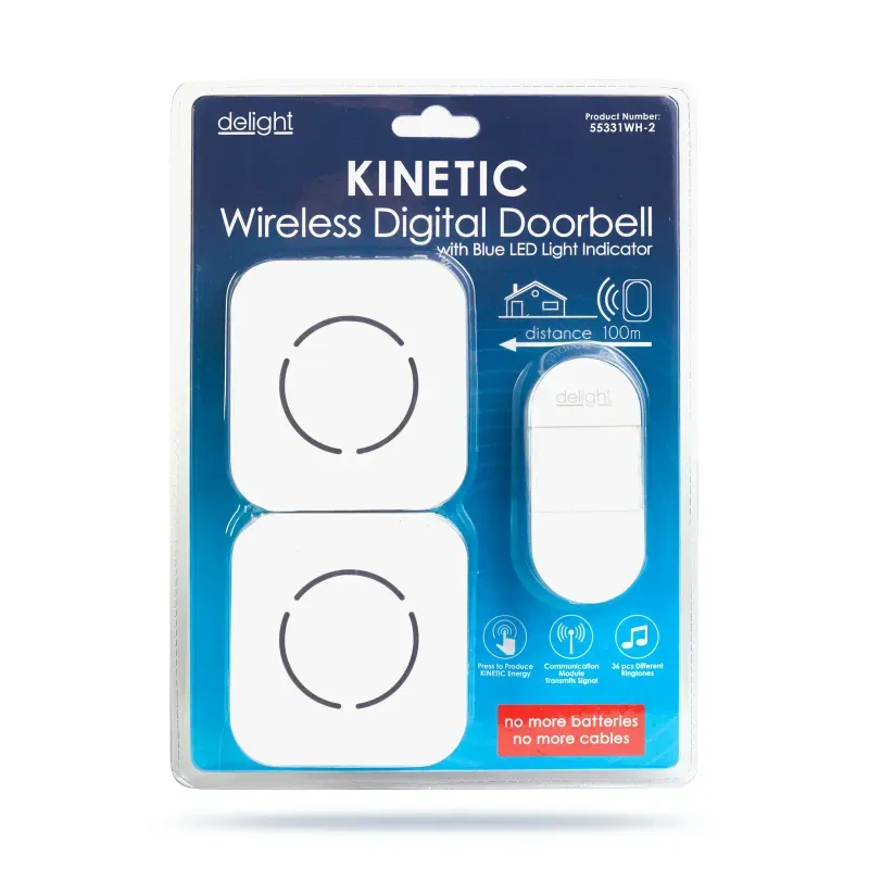 Casa si Gradina - Electrice - Accesorii electrice - Sonerii electrice - Sonerie fara fir Kinetic fara baterii 1 buton +2 receptoare alb delight 55331WH-2 - Infinity.ro