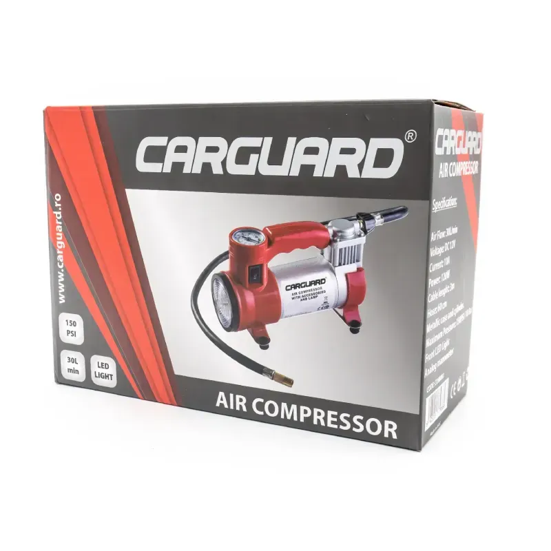 Auto si Moto - Reparatii si depanare - Compresoare auto - Compresor auto 12V Carguard COM001 30L/min 150PSI carcasa metal +LED frontal - Infinity.ro
