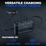 Laptop, Telefoane si Tablete - Telefoane mobile si accesorii - Accesorii Telefoane - Incarcatoare telefoane - Multiplicator bricheta auto Choetech TC0021 3 iesiri 2x USB-C PD 30W 1x USB A QC3.0 18W - Infinity.ro