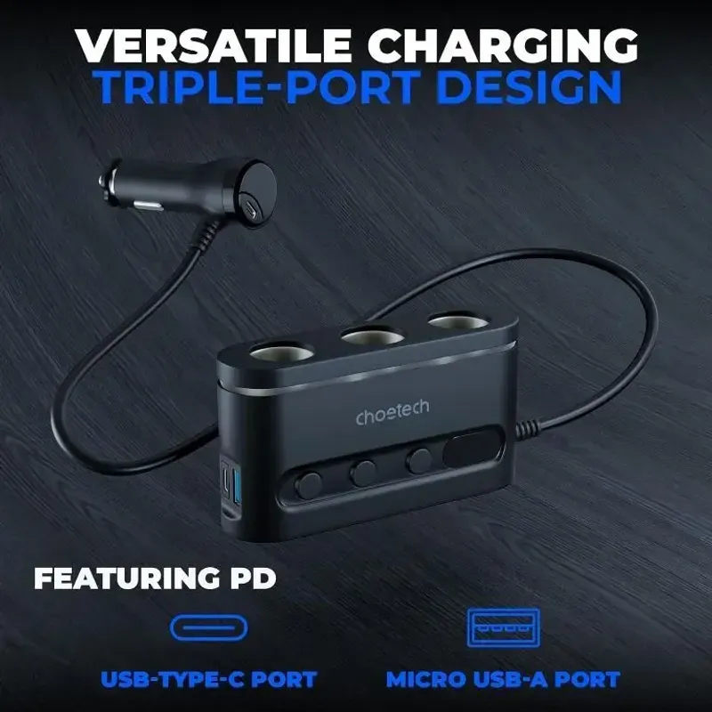 Laptop, Telefoane si Tablete - Telefoane mobile si accesorii - Accesorii Telefoane - Incarcatoare telefoane - Multiplicator bricheta auto Choetech TC0021 3 iesiri 2x USB-C PD 30W 1x USB A QC3.0 18W - Infinity.ro