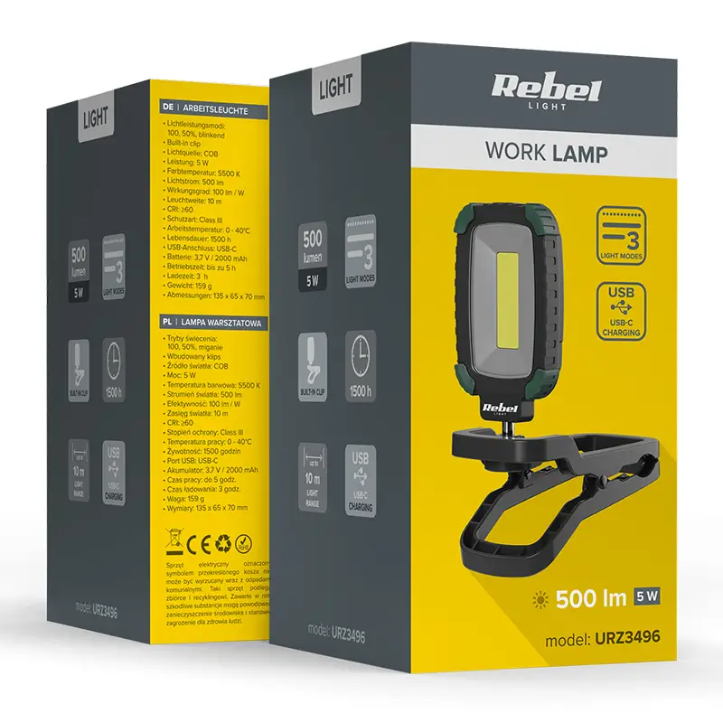 Casa si Gradina - Corpuri si surse de iluminat - Iluminat exterior - Lanterne - Lampa atelier LED COB 5W cu acumulator Li-Ion REBEL URZ3496 - Infinity.ro