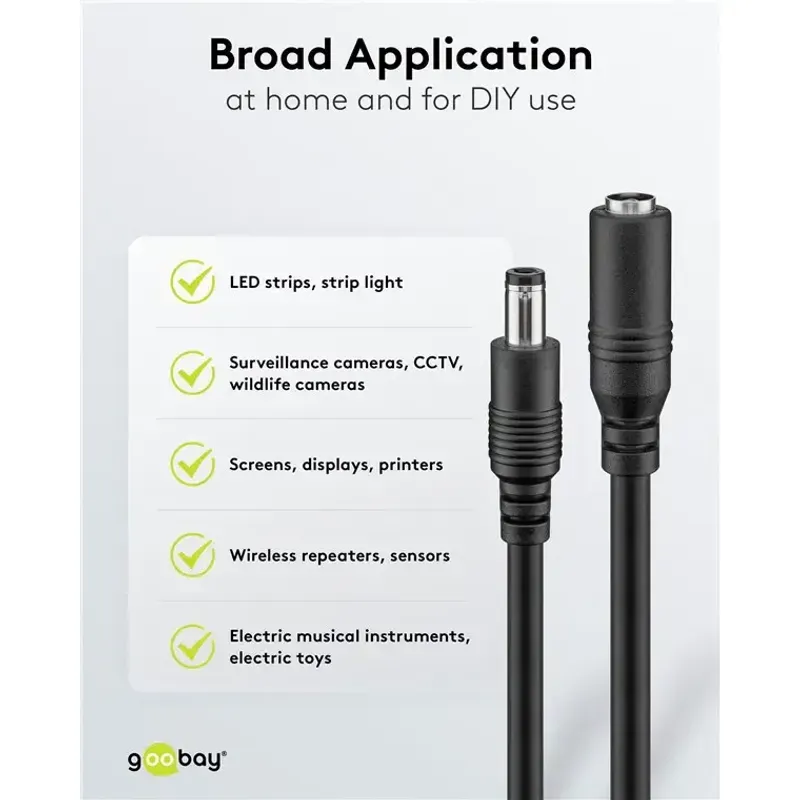 Casa si Gradina - Electrice - Cabluri electrice si conductori - Cablu de extensie DC 5.5x2.1 mama-tata 2x0.5mm 1.5m 5A 140W negru Goobay 76635 - Infinity.ro