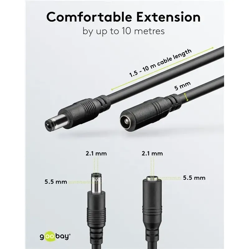 Casa si Gradina - Electrice - Cabluri electrice si conductori - Cablu de extensie DC 5.5x2.1 mama-tata 2x0.5mm 1.5m 5A 140W negru Goobay 76635 - Infinity.ro