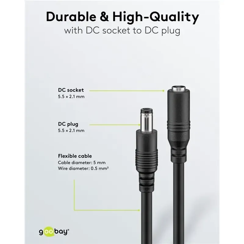 Casa si Gradina - Electrice - Cabluri electrice si conductori - Cablu de extensie DC 5.5x2.1 mama-tata 2x0.5mm 1.5m 5A 140W negru Goobay 76635 - Infinity.ro