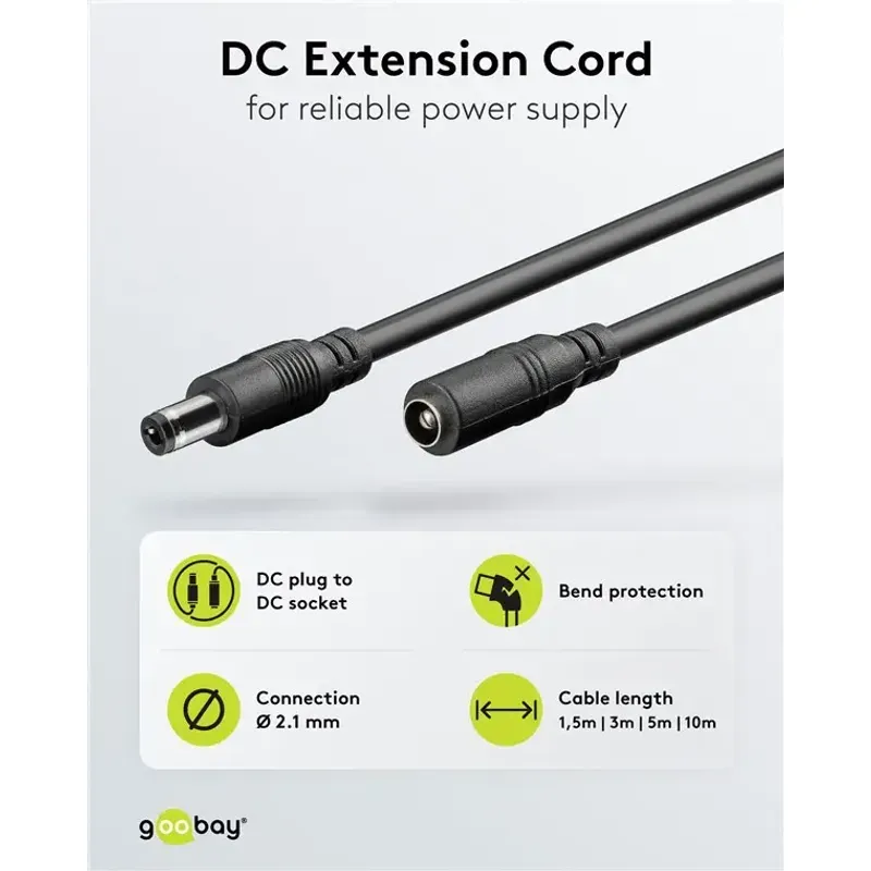Casa si Gradina - Electrice - Cabluri electrice si conductori - Cablu de extensie DC 5.5x2.1 mama-tata 2x0.5mm 1.5m 5A 140W negru Goobay 76635 - Infinity.ro