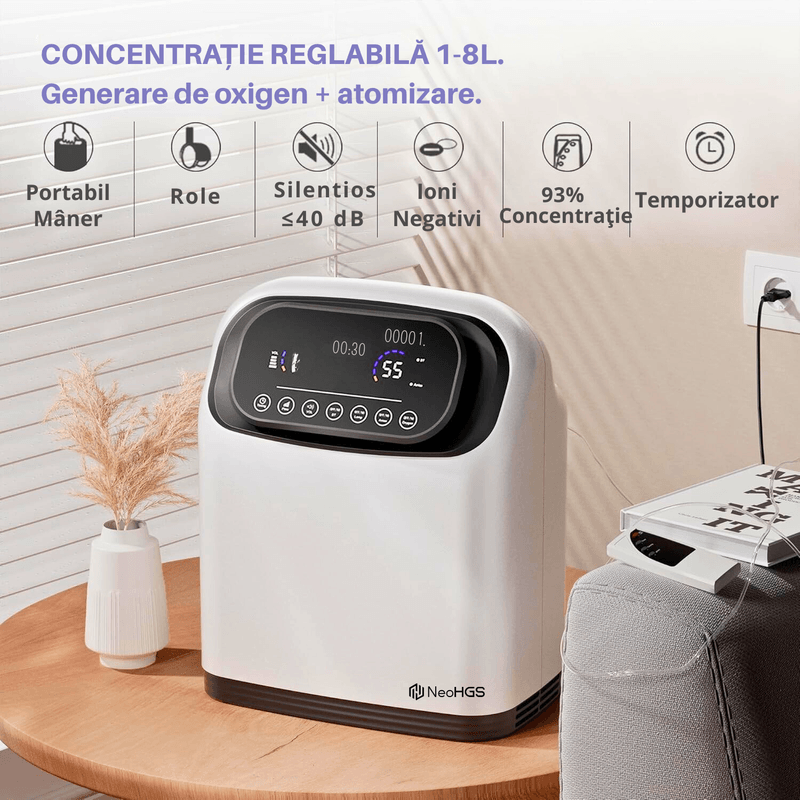 Ingrijire personala si Cosmetice - Sanatate si wellness - Aparate medicale - Dispozitive si accesorii medicale uz casnic - Concentrator de Oxigen Portabil NeoHGS, Capacitate 1-8L/min, Telecomanda, Functie de Aerosoli/Nebulizator, Atomizor - Infinity.ro