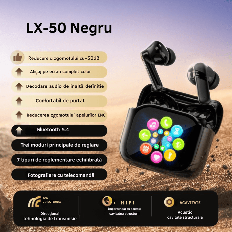 TV, Audio-Video si Foto - Portabile audio - Casti audio - Casti Wireless Bluetooth 5.4LX-50, Full Color Smart Touch Screen, ANC/ENC Noise Cancelling, Hi-Fi Sound, Black - Infinity.ro