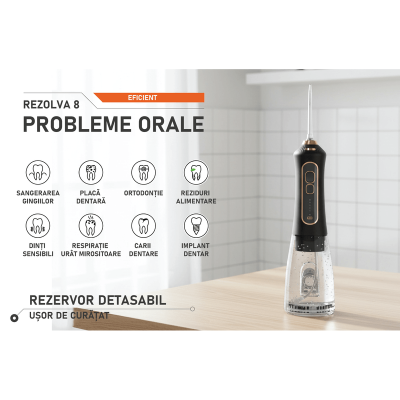Ingrijire personala si Cosmetice - Igiena dentara - Periute de dinti electrice - Irigator Oral + Periuta  dinti electrica, RPZ DuoClean,IPX7,Rezervor 300 ml, 5 diuze ,4 capete periuta,negru - Infinity.ro