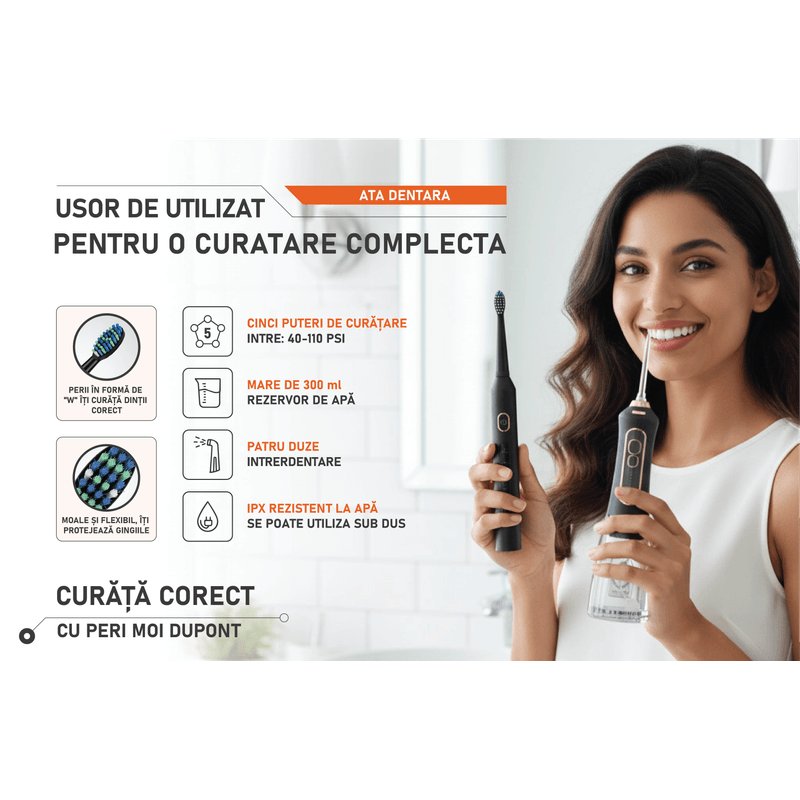 Ingrijire personala si Cosmetice - Igiena dentara - Periute de dinti electrice - Irigator Oral + Periuta  dinti electrica, RPZ DuoClean,IPX7,Rezervor 300 ml, 5 diuze ,4 capete periuta,negru - Infinity.ro