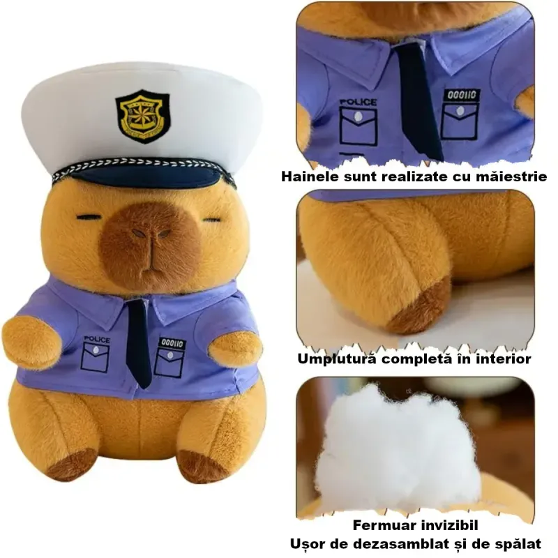 Jucarii, Copii si Bebe - Jucarii si jocuri - Jucarii de plus - Jucarie plus Capybara politist ABYZ, 25 cm, maro, model cu haine detasabile, cadou pentru copii - Infinity.ro