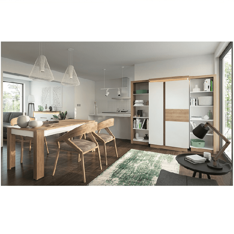 Casa si Gradina - Mobilier - Mese si birouri - Mese bucatarie si dining - Masa dining LYOT03, extensibila, stejar riviera/alb extra lucios HG, 140-180x85 cm, LEONARDO - Infinity.ro