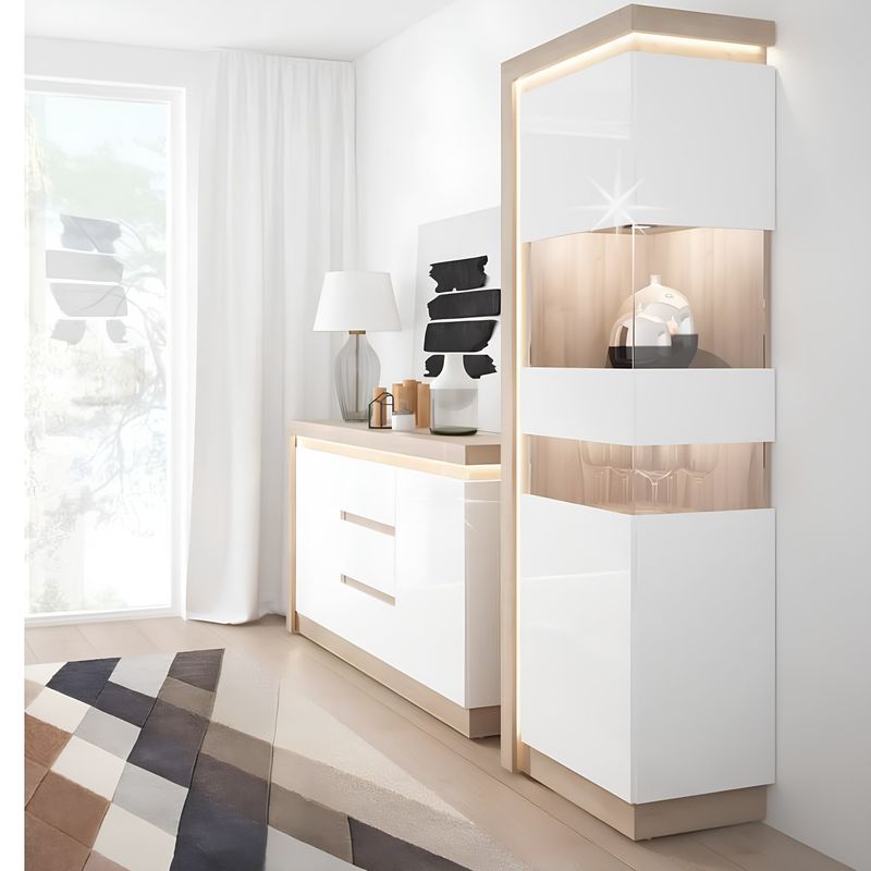 Casa si Gradina - Mobilier - Dulapuri si sifoniere - Dulapuri - Vitrina LYOV03L, stejar riviera/alb cu luciu extra ridicat, LEONARDO - Infinity.ro